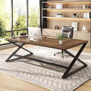 IBF Rustic Large Desk for Home Office, 78.7" Extra Long Computer Desk, Wood Metal Wide Work Desk for Study Writing, Farmhouse Dual Monitor Workstation Gaming Desk Computer Table, Rustic Brown