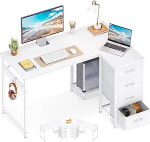 Casaottima L Shaped Desk with 4 Drawers, 40" Small White Computer Desk with Storage, Reversible Kids Study Desk with CPU Stand & Hook, Corner Desk for Home Office