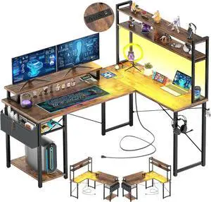 Aheaplus Small L Shaped Gaming Desk with LED Lights & Power Outlets, Reversible L-Shaped Computer Desk with Monitor Stand & Storage Shelf, Corner Desks Home Office Desk with Storage Bag, Rustic Brown