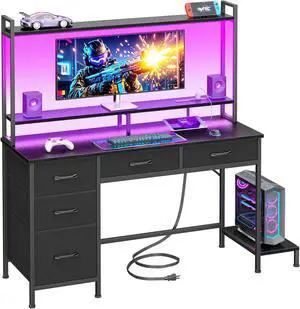 Computer Gaming Desk with Hutch, Home Office Desk with Power Outlets, LED Light, 5 Storage Drawers, 2 Tiers Shelves for Display, 47 Inch Modern Study Writing Table for Bedroom, Black
