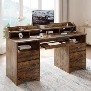 Bestier Farmhouse 59" Executive Desk with Drawers, Wood Computer Desk with Charging Station, Home Office Desk with Keyboard Tray & Monitor Stand, Sturdy Pedestal Desk for Work Study, Rustic Brown