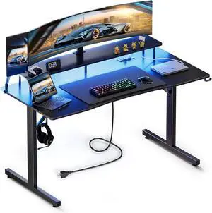 COMHOMA 55 Inch Gaming Desk with USB Charging Ports and LED Lights, Computer Desk with Monitor Stand for Home Office, Modern Gamer Desk Table with Mouse Pad & Side Hook, RGB