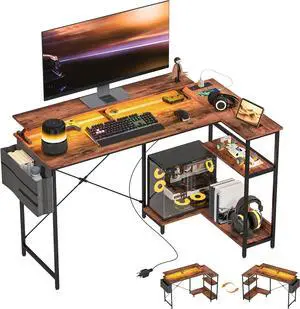 HOMCOM 58" L Shaped Gaming Desk with Power Outlets and LED Lights, Reversible Computer Desk with Monitor Stand, Fabric Storage Bag, Cable Management, for Home Office, Rustic Brown