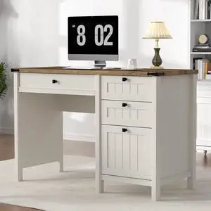 Executive Desk, Farmhouse Computer Desk with Drawers & Cabinet, Home Office Desk for Work Study Writing Workspace (White, 45")