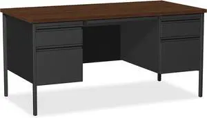 Lorell Fortress Series Double Pedestal Desk, 60" x 30" x 29.5", Black Steel Frame with Walnut Top