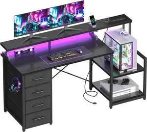 ODK 55 Inch Computer Gaming Desk with Power Outlets & 4 Drawers, Home Office Desk with Monitor Stand & Printer Shelves, Black