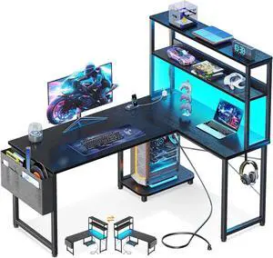 Casaottima Gaming Desk with Power Outlets & LED Lights, 43 Inch Reversible L Shaped Computer Desk with Shelves & Storage Bag, Corner Desk for Home Office, Black