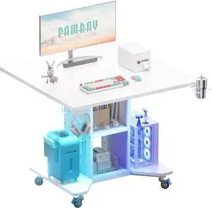 Pamray Small Rolling Gaming Desk with Led Lights Power Outlets and Storage Pegboard, Small Spaces Compact PC Computer Table White