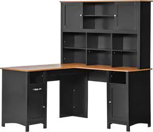 HOMCOM L Shaped Computer Desk with Hutch, 59" Corner Desk, Space Saving Home Office Desk with Storage Shelves, Drawer and Cabinet, Black