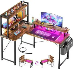 Homieasy L Shaped Computer Desk with Bookshelf, 47 Inch Reversible Corner Gaming Desk with Charging Station & Led Light, Home Office Desk with Hutch Monitor Stand Storage Shelves Bag, Rustic Brown Homieasy L Shaped Computer Desk with Bookshelf, 47 Inch Reversible Corner Gaming Desk with Charging Station & Led Light, Home Office Desk with Hutch Monitor Stand Storage Shelves Bag, Rustic Brown