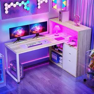 DWVO L Shaped Desk with Drawers, 55" Corner Computer Desk with Bookshelf & Power Outlets & LED Lights, Home Office Desk with Storage Shelves, Oak & White