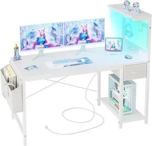 TIQLAB Gaming Desk 47 inch with Power Outlet and LED Light, Computer Desk with Reversible Shelves and Storage Drawer, Small PC Desk for Home Office Table with Bag, Carbon Fiber White