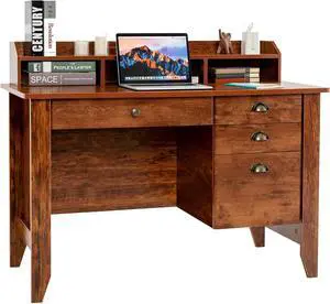 Tangkula Computer Desk with 4 Storage Drawers & Hutch, 48" Home Office Desk Vintage Desk with Storage File Drawer & Cable Management Hole, Wooden Executive Desk Writing Study Desk