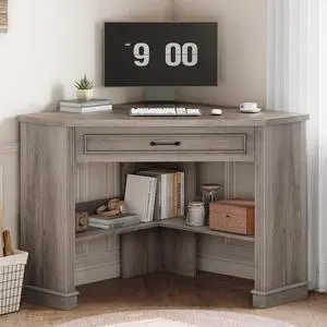 SEDETA 31.5" Small Corner Desk, Corner Desk for Small Space, Farmhouse Computer Desk with Drawers, Triangle Computer Desk with Storage Shelves for Home Office, Living Room, Bedroom, Gray
