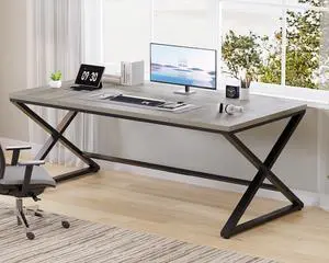 LVB Large Desk, 70.8 Extra Long Computer Desk for Home Office, Industrial Wide Work Desks for Writing Study in Bedroom, Simple Wood Metal Gaming Desk Executive Workstation Dual Monitor, Light Grey LVB Large Desk, 70.8 Extra Long Computer Desk for Home Office, Industrial Wide Work Desks for Writing Study in Bedroom, Simple Wood Metal Gaming Desk Executive Workstation Dual Monitor, Light Grey