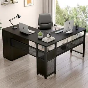 LVB Black L Shaped Desk, Reversible Computer Office Desk with Drawers, Modern Large L Shape Gaming Desk Table with File Cabinets, Wood Executive Corner Desk with Storage Shelf for Bedroom, 59 Inch