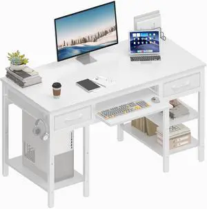 Lufeiya White Desk with Keyboard Tray Slide Out, 47 Inch Home Office Computer Desks with Fabric Drawers & Storage Shelves, Modern Simple Study Writing Table PC Desks for Bedroom, White Lufeiya White Desk with Keyboard Tray Slide Out, 47 Inch Home Office Computer Desks with Fabric Drawers & Storage Shelves, Modern Simple Study Writing Table PC Desks for Bedroom, White