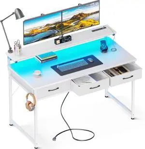 ODK 48 Inch Computer Desk with 3 Drawers and USB Power Outlets, Home Office Desks with LED Lights and Adjustable Monitor Stand, Work from Home, Modern Work/Writing/Study Table for Bedroom, White ODK 48 Inch Computer Desk with 3 Drawers and USB Power Outlets, Home Office Desks with LED Lights and Adjustable Monitor Stand, Work from Home, Modern Work/Writing/Study Table for Bedroom, White