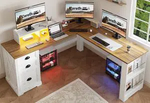 L Shaped Desk with Monitor Stand Farmhouse Computer Desk with Led Light and Power Outlet, Executive Desk for Home Office Room Workstation with File Cabinet for Working Gaming, Antique White L Shaped Desk with Monitor Stand Farmhouse Computer Desk with Led Light and Power Outlet, Executive Desk for Home Office Room Workstation with File Cabinet for Working Gaming, Antique White