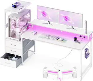 Casaottima 59 Inch Gaming Desk with USB Charging Ports & LED Light - Reversible Computer Desk with 3 Fabric Drawers, Monitor Stand, CPU Stand, and Side Hook, Modern Office Desk, White