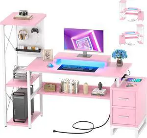 Computer Desk with 2 Fabric Drawers - Reversible Home Office Desk with Power Outlet & LED Lights, 53" Writing Desk with Monitor Stand & Storage Shelves, Gaming Desk Study Table with Pegboard, Pink