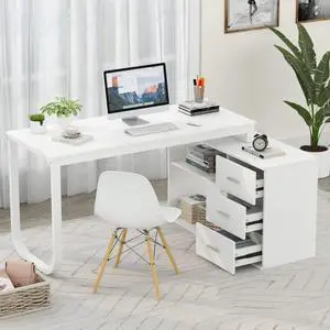 FUFU&GAGA 55.1" Large L-Shaped Office Desk with 39" File Cabinet, Corner Computer Desk with 3 Drawers & 2 Shelves, Workstation Executive Desk with Storage Shelf for Home Office (White)