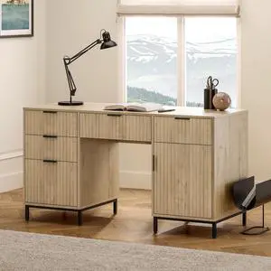 55" Fluted Executive Desk, Modern Wood Home Office Desk with Charging Station, Keyboard Tray, File Drawer, Storage Cabinet for Work Study Writing Desk, Light Oak