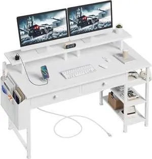 White Computer Desk with Shelves and Drawers - 39 Inch Home Office Desk with Drawers and Shelves, Small White Desk with Shelves, Computer Desk with Monitor Stand, RGB Gaming Desk with Power Outlet