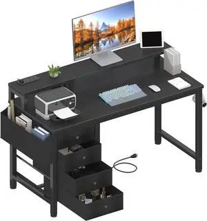 Lufeiya Gaming Desk with LED Lights and Power Outlets, 47 inch Computer Desk with Fabric Drawers, Reversible Home Office Desk with Monitor Stand, Black