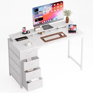 47-inch Computer Desk with 4 Drawers, LED Light and Charging Station, Home Office Desk with Storage Shelf, White 47-inch Computer Desk with 4 Drawers, LED Light and Charging Station, Home Office Desk with Storage Shelf, White