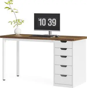 LITTLE TREE Computer Desk with 5 Drawers, 47 Inch Modern Simple Study Writing Desk with Metal Frame, Work Desk for Home Office, Rustic Brown and White
