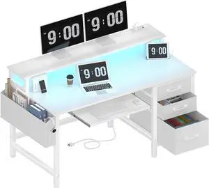 Lufeiya Gaming Desk with LED Lights and Power Outlets, 47 Inch Home Office Desks with Keyboard Tray, White Computer Desk with File Drawers Cabinet, Writing Table PC Desks with Monitor Stand, White