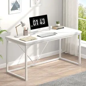 EXCEFUR Home Office Desk, Modern Wood Computer Desk, Wood Study Writing Table, Simple Gaming Executive Desk Workstation for Bedroom Living Room, White, 53 inch