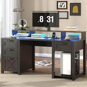 Farmhouse Desk with Drawers, Computer Desk with 4 File Drawer & Power Outlet & Led Lights, 59" Wood Home Office Desk with Long Monitor Stand, Black