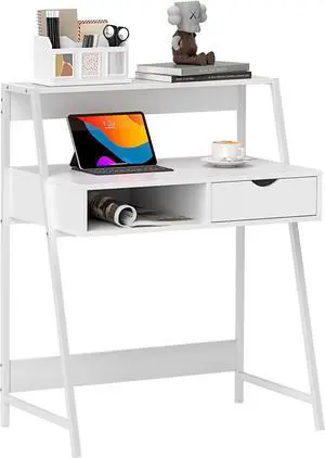 HOMCOM Home Office Desk, Computer Desk with A Frame for Small Spaces, Writing Table with Drawer and Storage Shelves, White