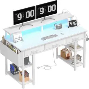 Lufeiya White Computer Desk with Fabric Drawers, 47 Inch Home Office Desk with Monitor Stand Shelves, Writing Study Gaming Desks with Led Lights and Power Outlets for Bedroom, White