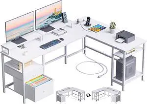 Furologee 66 L Shaped Desk with Power Outlet, Reversible Computer Gaming Desk with File Drawer & 2 Monitor Stands for Home Office with Storage Shelves, White