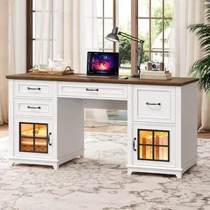 58" Executive Desk with Drawers, Farmhouse Led Computer Desk with Drawers & File Cabinet, LED Light, Home Office Desk with Power Outlet, Workspace for Study Writing, White and Walnut