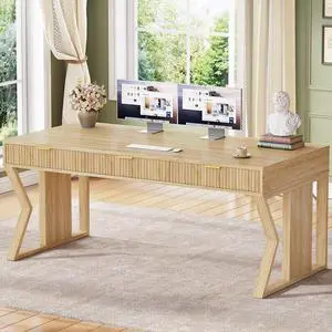 SEDETA 55" Executive Office Desk with 3 Drawers, Home Office Desk with Storage Drawers, Computer Writing Desk Study Table, Natural Oak