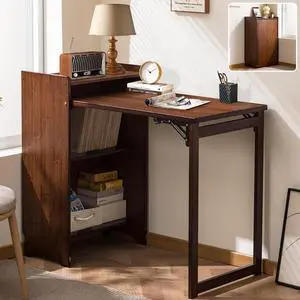 Bamboo Folding Desk with Storage, Space-Saving Foldable Computer Desk for Small Spaces, Writing Study Table for Home Office, Bedroom, Dorm, Apartment,Dark Brown