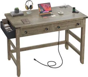EnHomee 40" Small Desk for Bedroom, Computer Desk with Power Outlets for Home Office, Desks with Drawers and a Side Pocket, Vanity Desks for Bedroom, Dark Rustic Oak