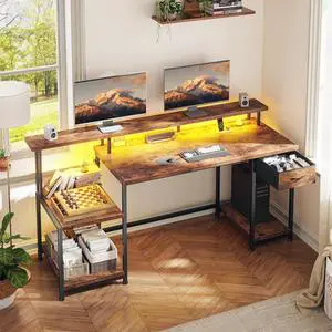 55 Inch Computer Desk with Drawer, Office Desk with Printer Storage Shelves & File Cabinet,Gaming Desk with LED & Power Outlet,Study Table with Monitor Shelf for Home Office Dorm Bedroom Rustic Brown