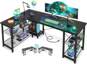 Casaottima 51 Inch L Shaped Gaming Desk with Shelves & Power Outlets, Reversible Computer Desk with Storage Shelves for Home Office, Black Casaottima 51 Inch L Shaped Gaming Desk with Shelves & Power Outlets, Reversible Computer Desk with Storage Shelves for Home Office, Black