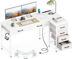 Casaottima L Shaped Desk with 6 Drawers, 50 Inch White Computer Desk with Power Outlets, Reversible Home Office Desk with Hook, Kids Study Desk, Corner Desk for Small Space