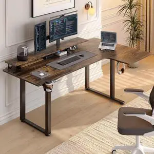 L Shaped Standing Desk, 71x43 Inch Electric L Stand Up Desk with 2 Adjustable Monitor Shelves and Dual Motor, Adjustable Height from 28-46'' for Home and Office, Rustic Brown