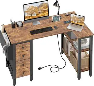 Lufeiya L Shaped Desk with Drawers & Storage Shelves, 47 Inch Small Reversible Corner Desk with Power Outlet for Home Office Bedroom, L-Shaped Gaming PC Computer Desks with Fabric Drawer, Rustic Brown