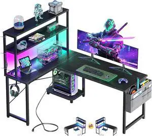 MOTPK L Shaped Gaming Desk with LED Light & Power Outlet, 53 Inch Reversible L Shaped Table with Shelves, Computer Desk with Storage Bag & Hook, Corner Table for Home Office, Black