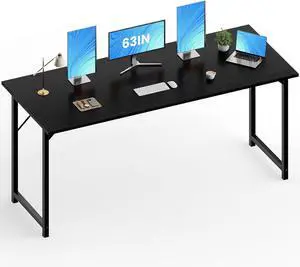 OLIXIS Computer Office Desk, 63 Inch Writing Work Study PC Wood Modern Desk with Storage Bag & Headphone Hook Simple Bedroom for 2 Person Kids Student Table, Black