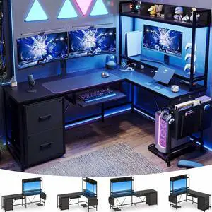 L Shaped Gaming Desk with Keyboard Tray, Reversible Computer Desk with Power Outlet, Corner Home Office Desks, Mobile File Cabinet Storage Shelves Monitor Stand Drawers (Black, 67in)