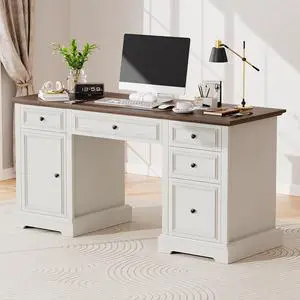 Vipbear 60" Executive Desk, Farmhouse Computer Desk with Drawers and File Cabinet, Embossed Texture Home Office Desks, Workspace for Work Study Writing, White